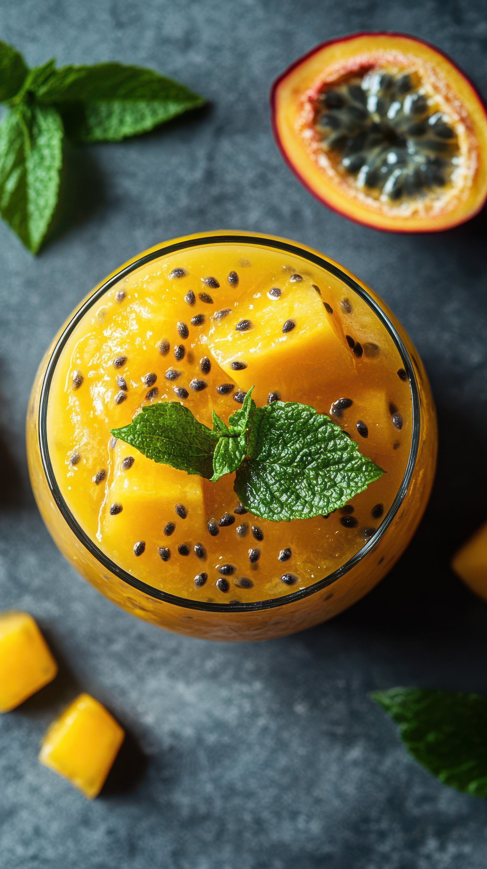Refreshing tropical smoothie with fresh fruits and mint leaves on a dark surface